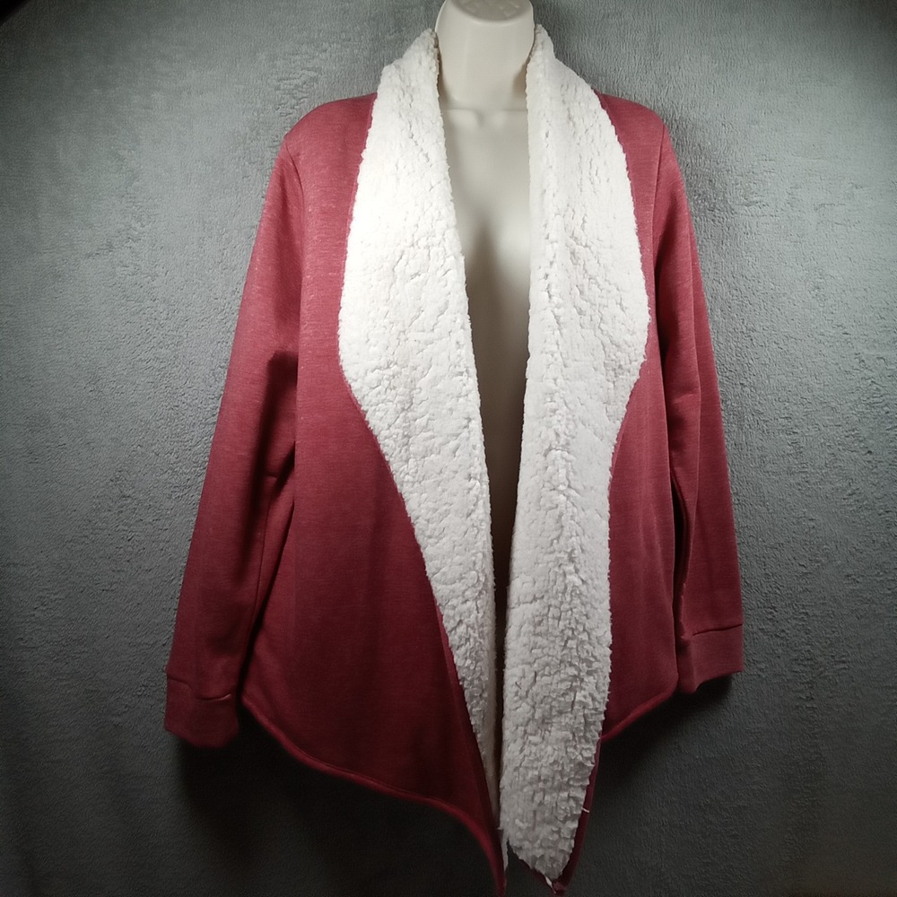 St Johns Bay Active Burgundy Sherpa Lined Open Front Cardigan Missy‎ Large NWT